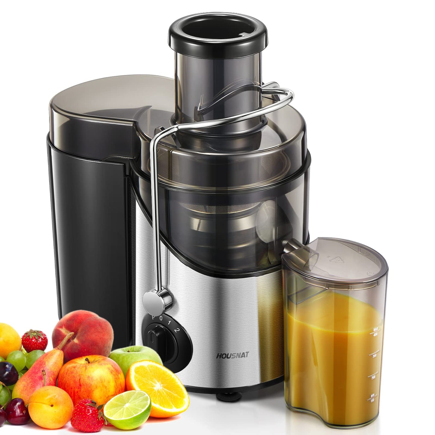 HOUSNAT Vegetable and Fruit Juicer, Max 800W Juicer Machine made of stainless steel with 3 speed levels, 65mm large mouth feed chute centrifugal juicer, easy to clean, BPA-free, 400W.