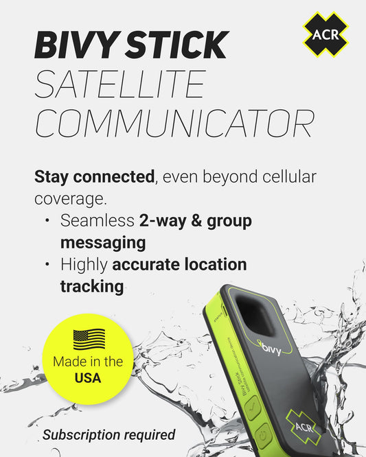 ACR Bivy Stick Satellite Communicator - Two-way text messaging, GPS tracking, maps and navigation, emergency SOS, weather reports, and location sharing, app compatible.