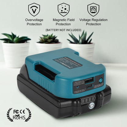 5 Pack of battery-USB adapters compatible with Makita 18V battery, with dual USB and Type-C 5V/2.1A battery holder.