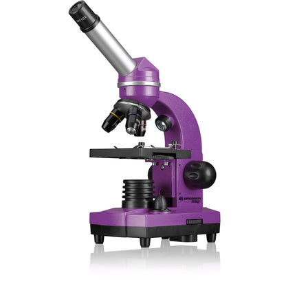 Bresser Junior Student Microscope BIOLUX SEL with smartphone holder, extensive accessories, and Barlow zoom system for children, beginners, and adults, violet.