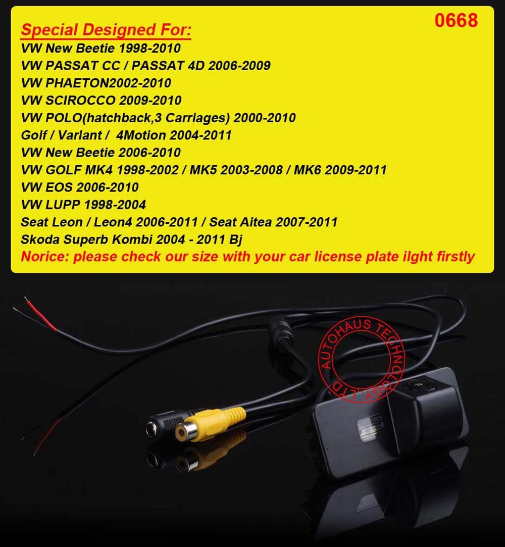 HD Car Backup Camera Parking Camera Rearview System Parking Assistance Compatible with VW New Beetle/Passat CC 4D/Phaeton/Scirocco/Polo/Golf MK4/MK5/MK6/EOS/LUPP/Seat Leon/Aitea/Skoda Superb Combi