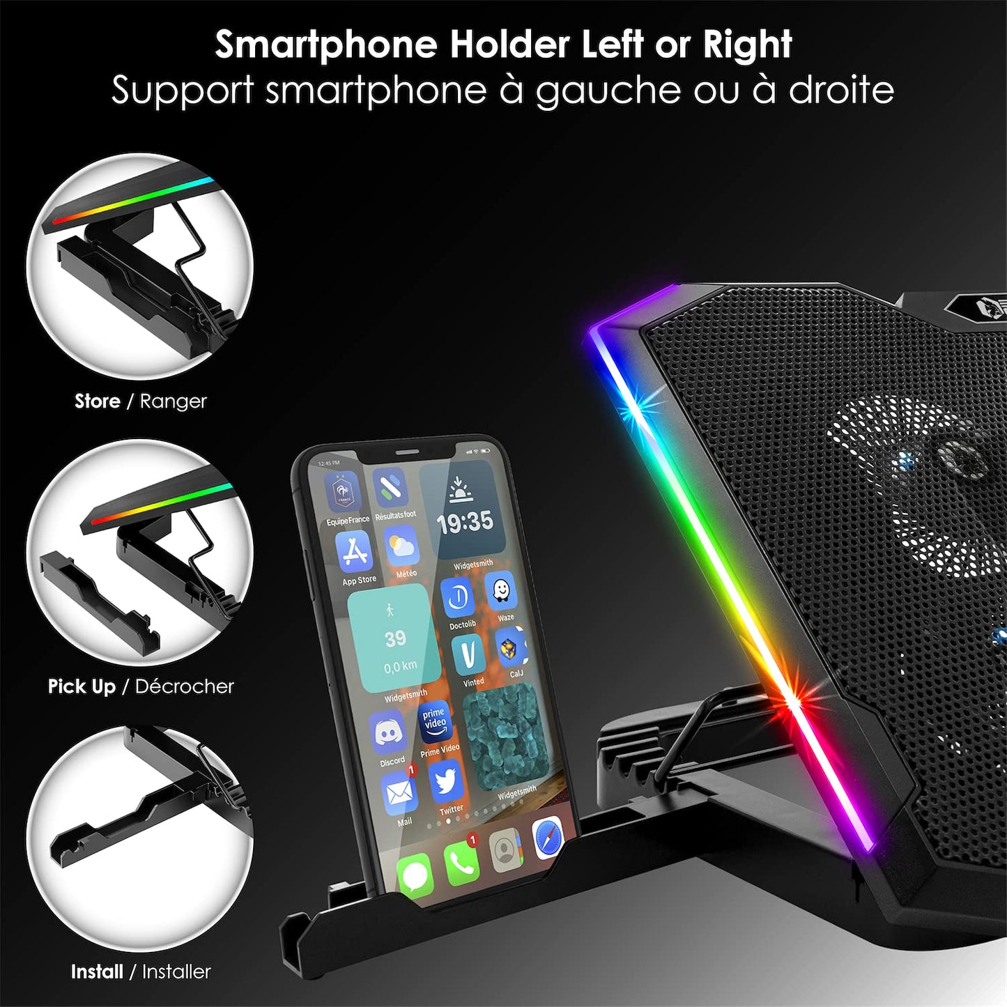 EMPIRE GAMING - Guardian S-C100 Laptop Cooler RGB Gamer - 6 Fans - LCD Controller - 5 Height Adjustments - Compatible for 12 to 17 Inches - Detachable Smartphone Holder, Air