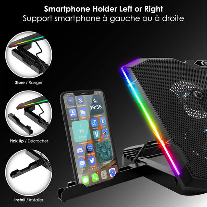EMPIRE GAMING - Guardian S-C100 Laptop Cooler RGB Gamer - 6 Fans - LCD Controller - 5 Height Adjustments - Compatible for 12 to 17 Inches - Detachable Smartphone Holder, Air