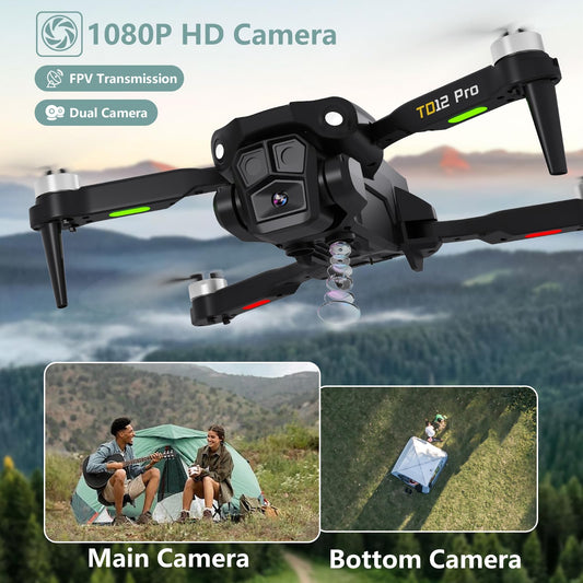Toladrone TD12Pro drone with 1080P camera, brushless motor, altitude hold, headless mode, 2 cameras, foldable FPV quadcopter for beginners.