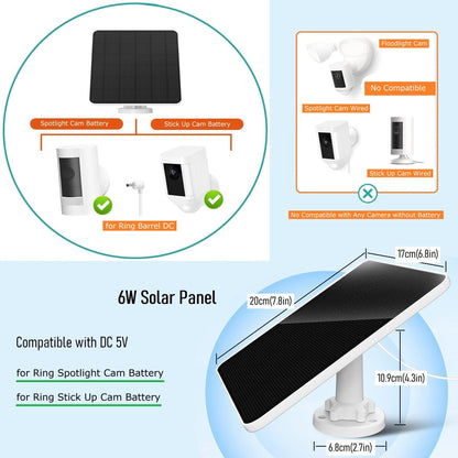 6W solar panel for Ring camera, compatible with Ring solar panels, Ring camera solar panel compatible with Ring Spotlight Cam Battery & Ring Stick Up Cam Battery with barrel plug 3m charging cable IP65 5V solar charger