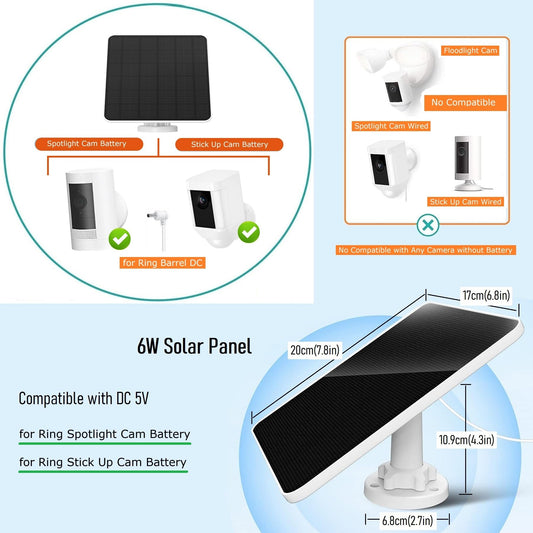 6W solar panel for Ring camera, compatible with Ring solar panels, Ring camera solar panel compatible with Ring Spotlight Cam Battery & Ring Stick Up Cam Battery with barrel plug 3m charging cable IP65 5V solar charger