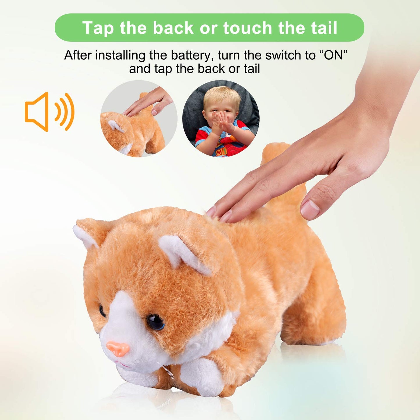 Interactive plush cat toy, interactive cat robot, barking meow, touch control, electronic cat pet, kids, L: 30.5 cm x H: 20.3 cm x W: 12.7 cm.