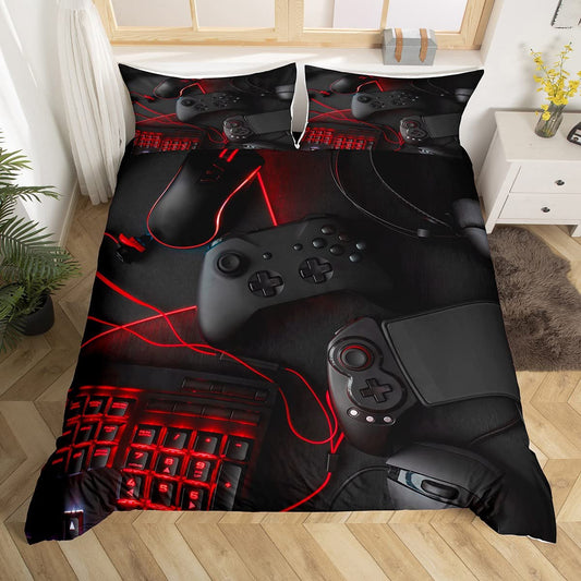 Loussiesd Black Gamepad Bedding 155x220cm Boys Teen Game Theme Duvet Cover Set Modern Game Controller Bedding Black Red Gamer Decorative Bedding Set Polyester for Kids Men