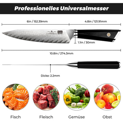SHAN ZU Damascus Kitchen Knife, Professional Chef's Knife 15 cm, 67-layer Damascus Steel Japanese Steel 10Cr15Mov Professional Kitchen Knife with G10 Handle - GYO Series