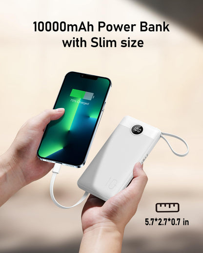 Powerbank 10000mAh Power Bank with Cable VEEKTOMX USB C Powerbank External Mobile Batteries with 5 Outputs LED Display External Battery Compatible with iPhone/Samsung Galaxy/Xiaomi/Huawei/iPad, etc.