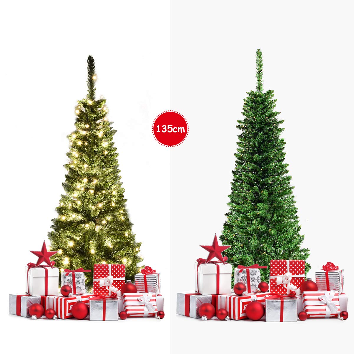 COSTWAY 135/200/225cm pencil Christmas tree with warm white LED lights, artificial fir tree with folding system and metal stand, PVC needles, green artificial Christmas tree (135cm)