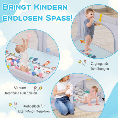 DREAMADE Playpen for Baby, 189 x 158 cm Playard with Mattress & 4 Pull Rings & 50 Ocean Balls & Carrying Bag, Large Safety Gate for Babies & Toddlers 0-3 Years (with Mattress, Light Gray)
