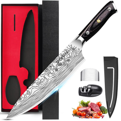 MOSFiATA chef's knife, kitchen knife, meat knife professional 20CM made of EN.4116 German stainless steel sharp blade ergonomic with finger guard and knife sharpener in gift box.