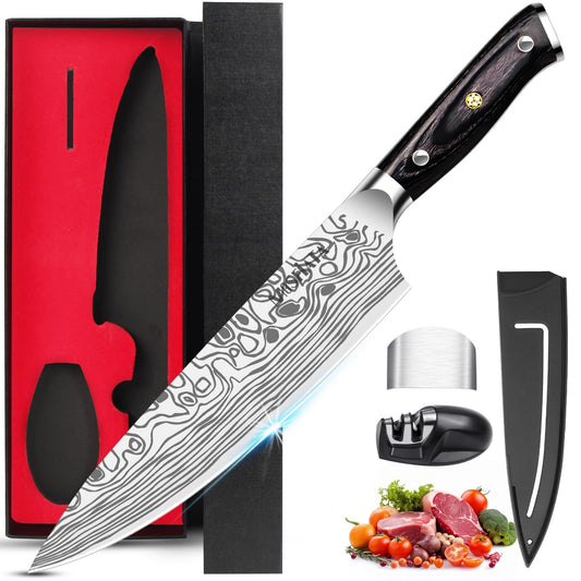 MOSFiATA chef's knife, kitchen knife, meat knife professional 20CM made of EN.4116 German stainless steel sharp blade ergonomic with finger guard and knife sharpener in gift box.