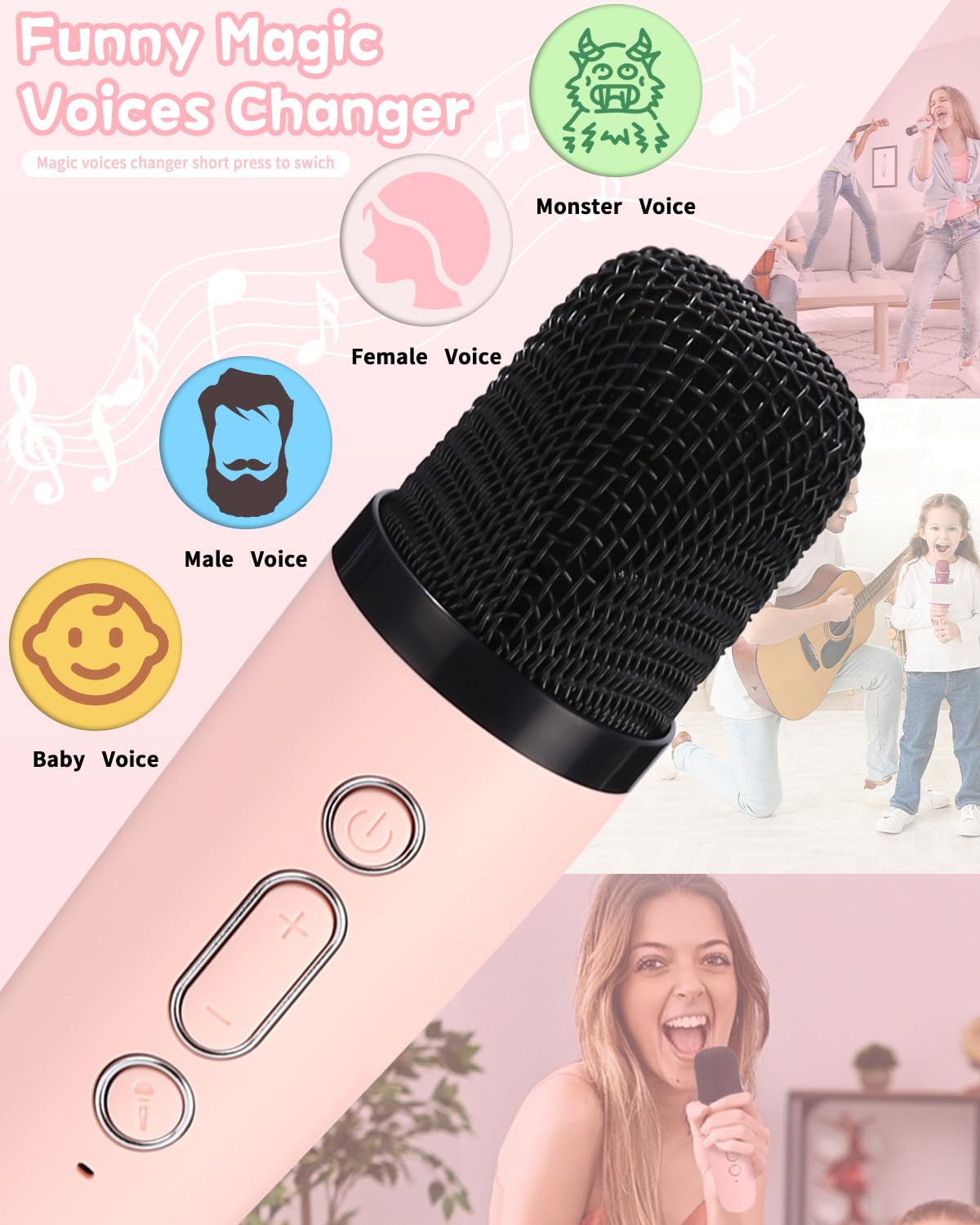 Karaoke machine with 2 wireless microphones, portable Bluetooth karaoke machine for kids adults with voice changing effects LED lights boys girls gifts home party (pink)