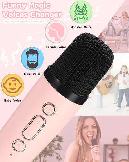 Karaoke machine with 2 wireless microphones, portable Bluetooth karaoke machine for kids adults with voice changing effects LED lights boys girls gifts home party (pink)