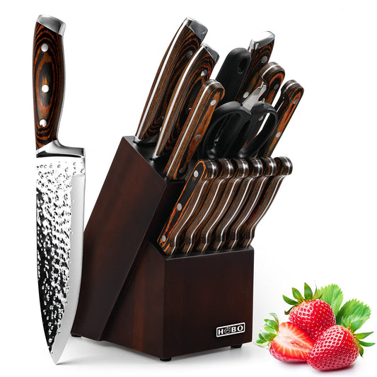 HOBO knife set, 15-piece knife block set, kitchen knife set with Santoku knife, chef's knife, bread knife, paring knife, steak knife, sharpener, Japanese stainless steel blades, water ripple texture, colored wooden handle.