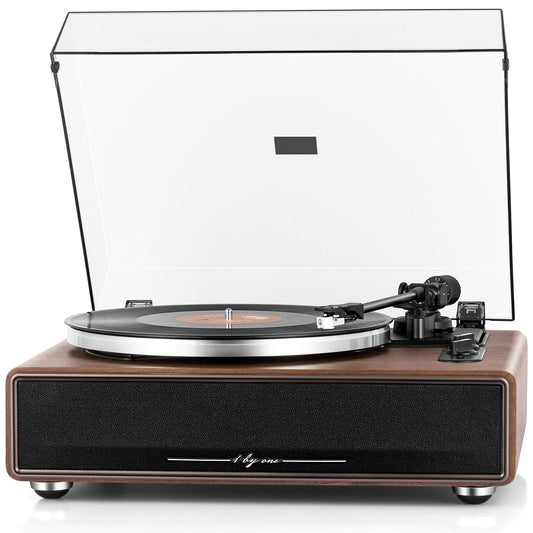 1 by ONE turntable with built-in speakers, Bluetooth, 33/45 RPM belt drive, MM vinyl record player with auto-stop function, phono preamplifier