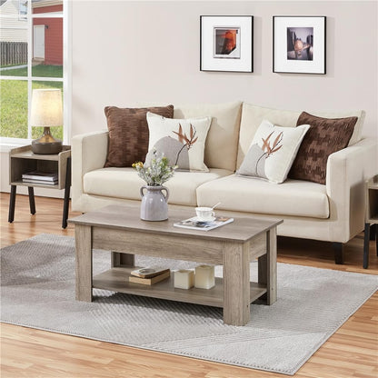 Yaheetech coffee table with adjustable height, living room table with storage shelf, wooden gray side table, end table.