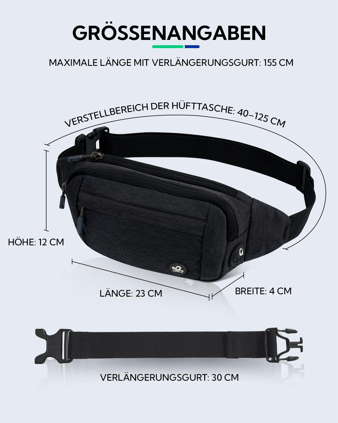 WATERFLY Waist Bag for Men and Women: Small Belt Bag Sport Bum Hip Bag for Men Women Waist Fanny Pack with Extension Belt for Travel Hiking Dog Training Outdoor Black Gray
