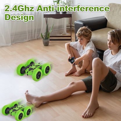 Remote control car, 90 min playtime, 2.4GHz double-sided 360° rotating RC stunt crawler with headlights, 4WD off-road drift RC car toy gifts for boys 6-12 green