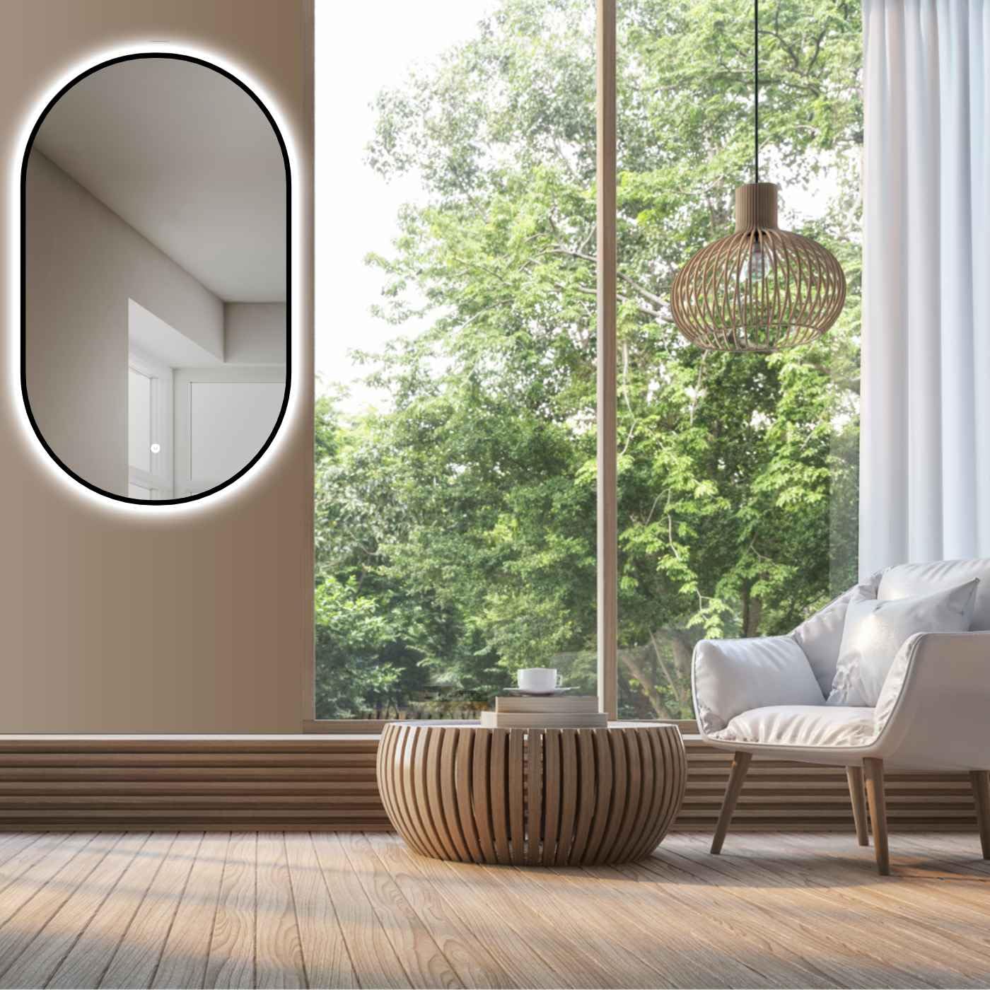 HOKO Design LED light mirror oval 50x90 cm / 90x50 cm Palermo with black metal frame. Mountable vertically or horizontally. LED illuminated bathroom wall mirror, touch switch + light change warm white - cool white - neutral.