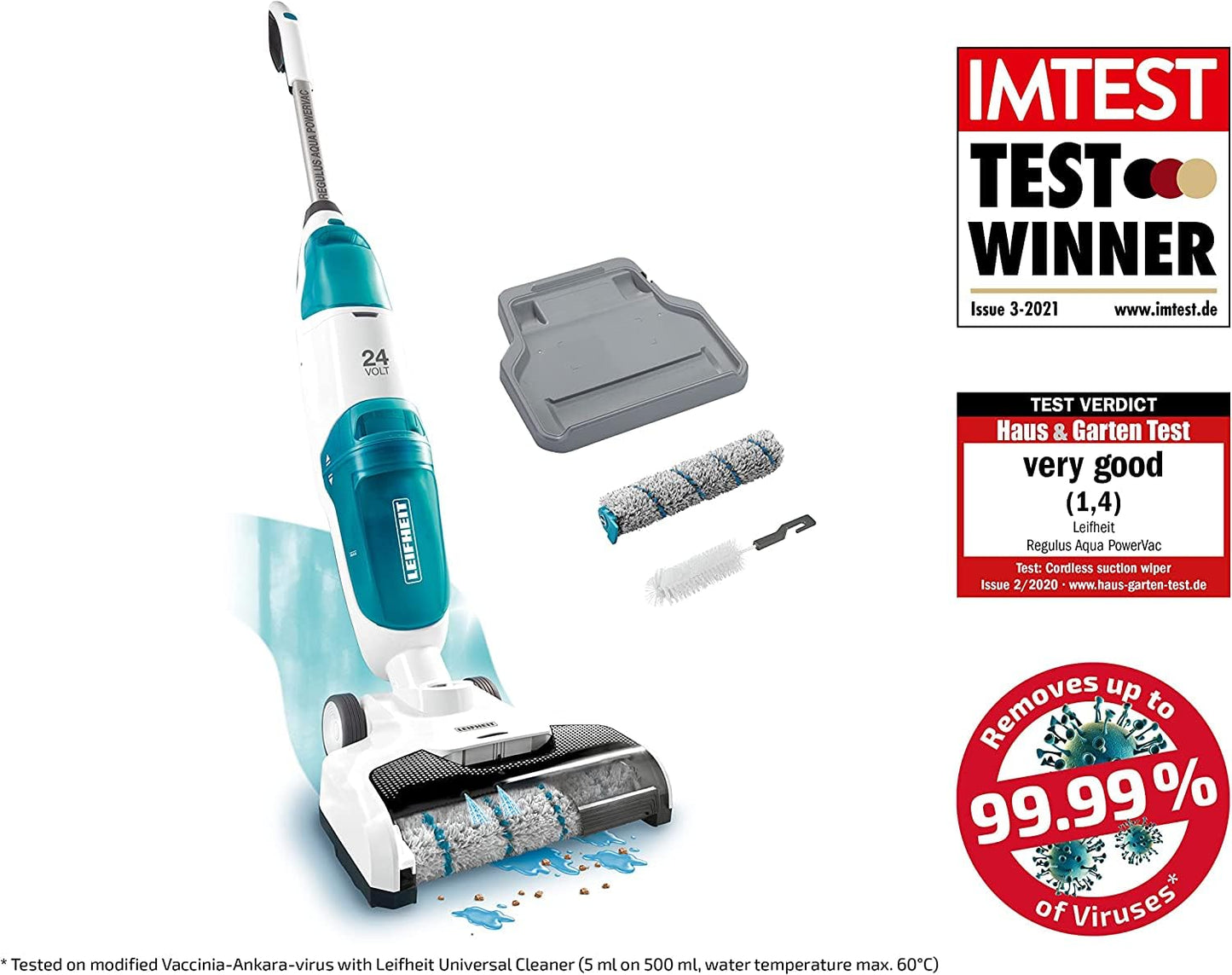 Leifheit Cordless Floor Cleaner Regulus Aqua PowerVac, vacuums and mops, Lightweight wet vacuum with powerful 24V, cordless wet vacuum with 22 min battery life, vacuum cleaner with upright storage feature.