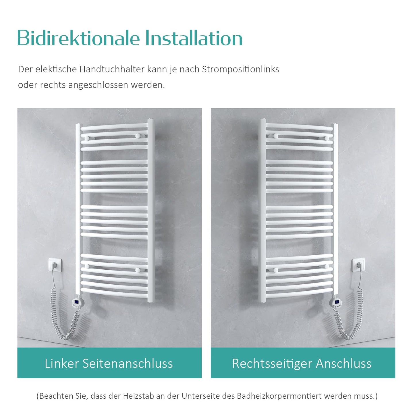 EMKE electric towel radiator 120x40 cm, Curved bathroom heater electric with thermostat, Towel dryer towel warmer with timer White 500 Watt