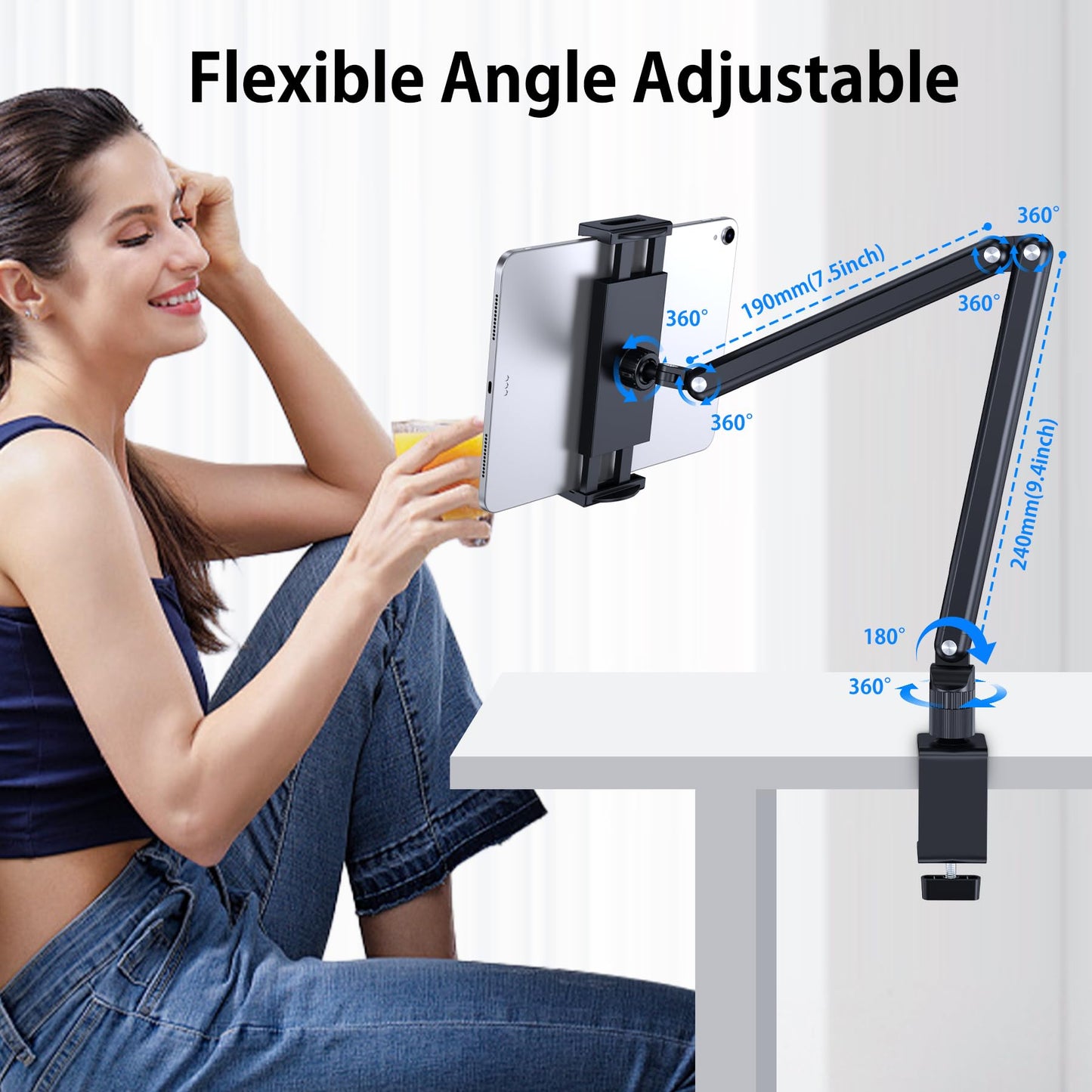 CreaDream tablet stand holder, aluminum iPad desk mount, tablet arm holder with 360° swivel metal base, suitable for iPad Air Pro Mini, Samsung Galaxy, Kindle, all 4.7-13 inch devices.