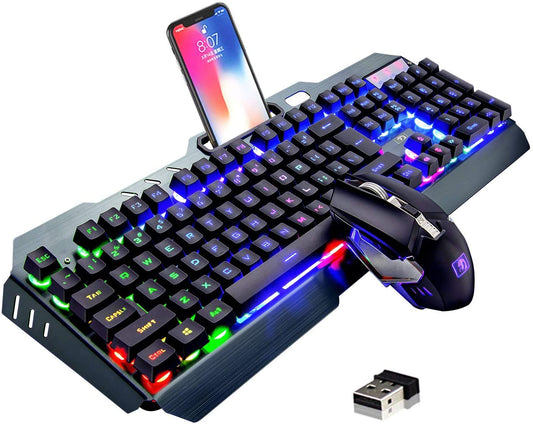 Wireless gaming keyboard and mouse set, 2.4G rechargeable 3800mAh large capacity, rainbow LED backlight gaming keyboard + 2400DPI 7-color breathing backlight mouse.