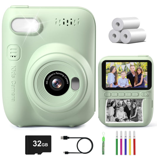 Gofunly instant camera for kids, 3.0 inch screen children's camera with 32GB card & printing paper, 14MP/1080P kids instant print camera, gift for 3-12 years old (Green)