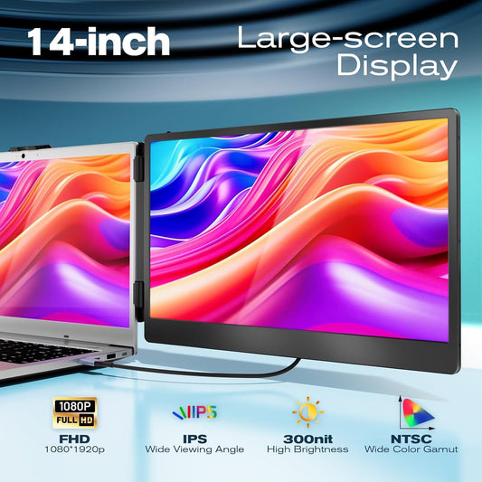 Teamgee Laptop Monitor extension, 14" FHD 1080P IPS Portable Monitor for laptops, Built-in stand/speakers, dual screen for 13"-17" laptops, plug & play compatible with Mac, Windows, Android