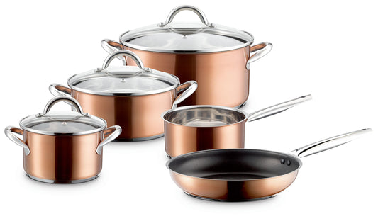 Mäser 926757 Asterion, copper-colored cookware set with modern design, 4 pots, 1 non-stick pan, and 3 glass lids. Suitable for all stovetops, including induction. Made of stainless steel and glass.