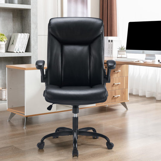 MZLEE Office Chair Ergonomic Desk Chair PU Leather Swivel Chair with Foldable Armrest, Height Adjustable, Comfortable for Office Home Gaming (Black)