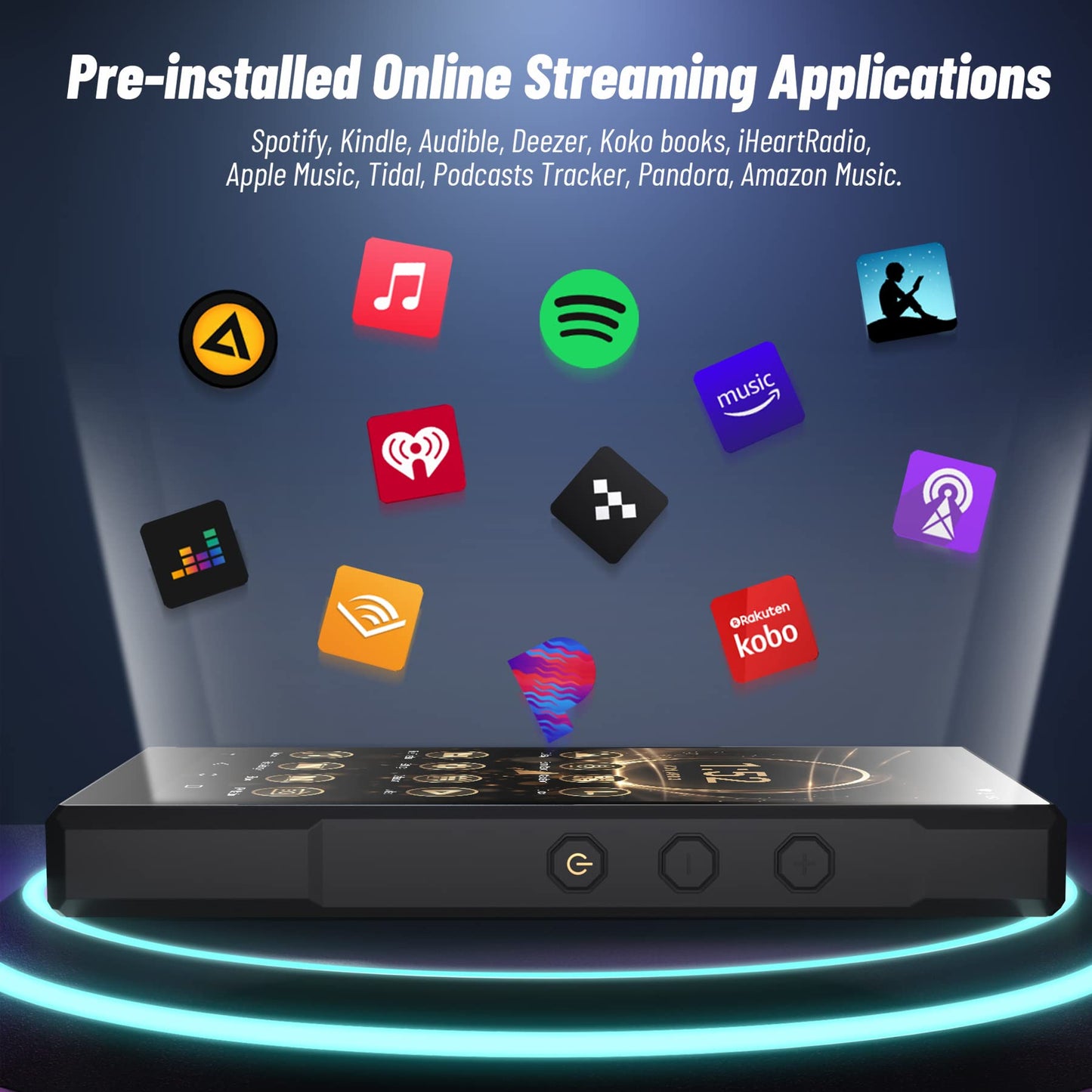 96GB MP3 player with Bluetooth, supports APK downloads, 5000mAh battery pre-installed Spotify, Audible, and 5.0 inch HD IPS Android MP4 music player.