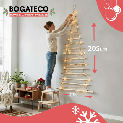 Handmade Christmas tree 205 cm high, made of hazelnut wood | Decorative ornaments | with 10m LED lights | Wooden plates connected by a 6mm thick jute rope.