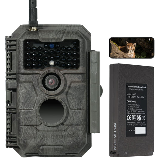 GardePro E6P trail camera with WiFi, rechargeable 8000mAh battery, 64MP 1296P resolution, motion sensor night vision, mobile transmission.