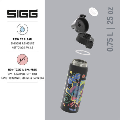 SIGG - Stainless Steel Water Bottle - Shield One Disney Lilo & Stitch - Suitable for Carbonated Drinks - Leak-proof - Lightweight - BPA-free - Sports & School - Black - 0.75L