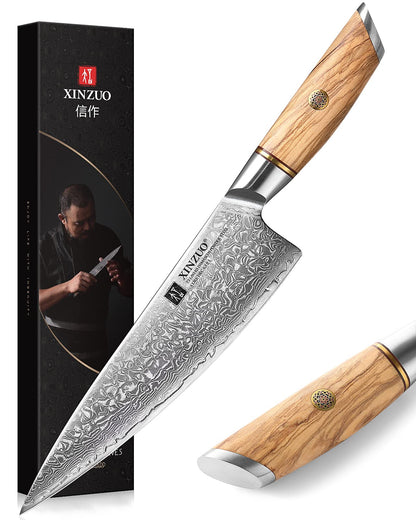 XINZUO 21.2cm chef's knife 73 layers damascus powder steel, professional gyuto knife, hand-forged sharp blade kitchen knife-with ergonomic olive wood handle - Lan Series