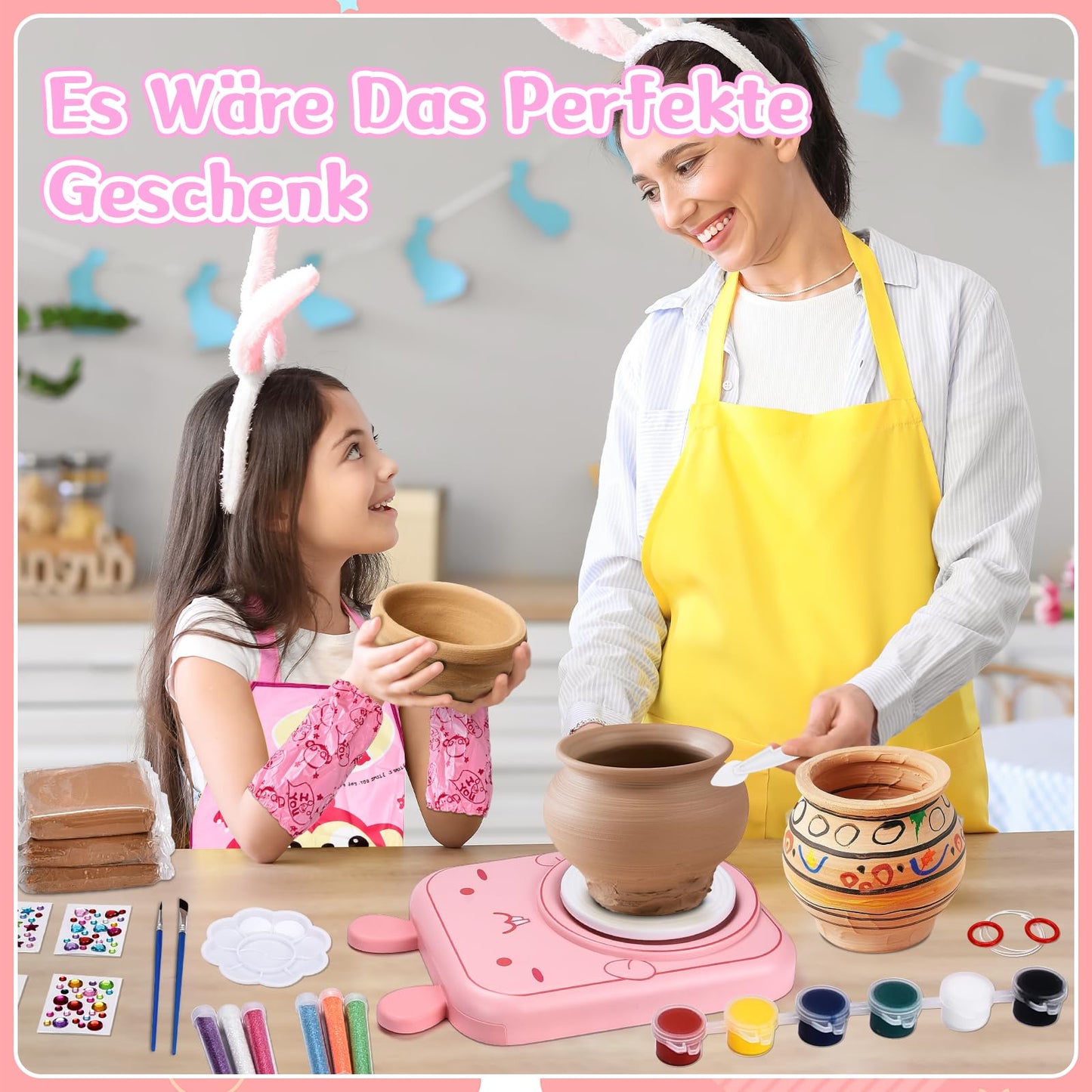 IEEILULU Pottery Set for Kids, Electric Pottery Wheel for Kids, Mini Pottery Wheel with Clay, Colors, Diamond Stickers, Pottery Set DIY Pottery Craft Kit Gifts Girls (Cats)
