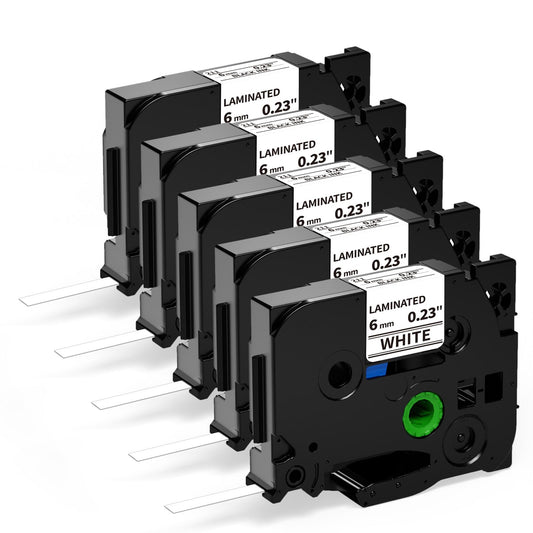 Aken compatible label tape for Brother P touch tape TZe 6mm TZe-211 TZ-211 Black White, for label maker P touch 1010 1280 H105 H110 D400 D600 Cube, 5 pack.