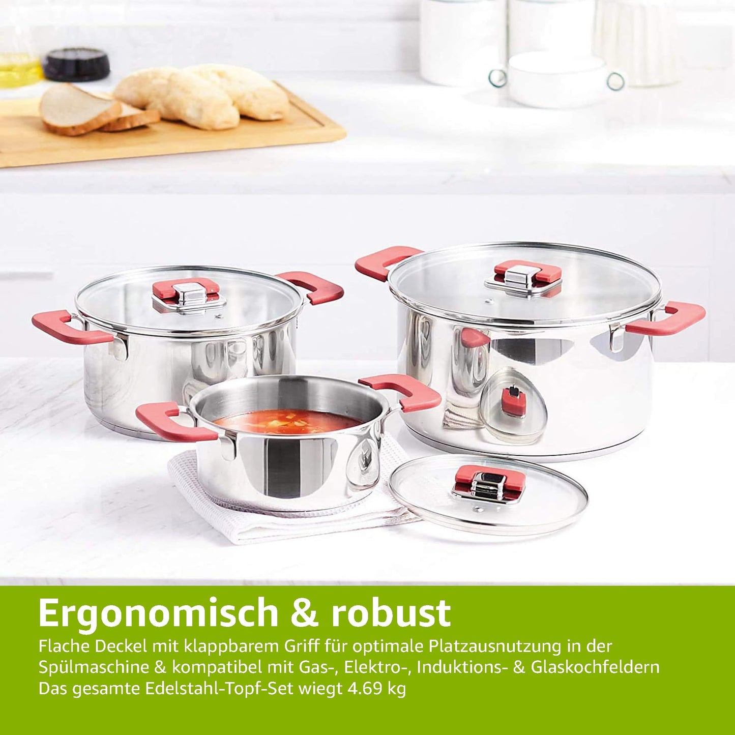Amazon Basics 3-Piece Cookware Set - Stainless Steel, Non-Stick, Induction-Ready, with Lids - 16/20/24 cm
