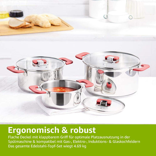 Amazon Basics 3-Piece Cookware Set - Stainless Steel, Non-Stick, Induction-Ready, with Lids - 16/20/24 cm