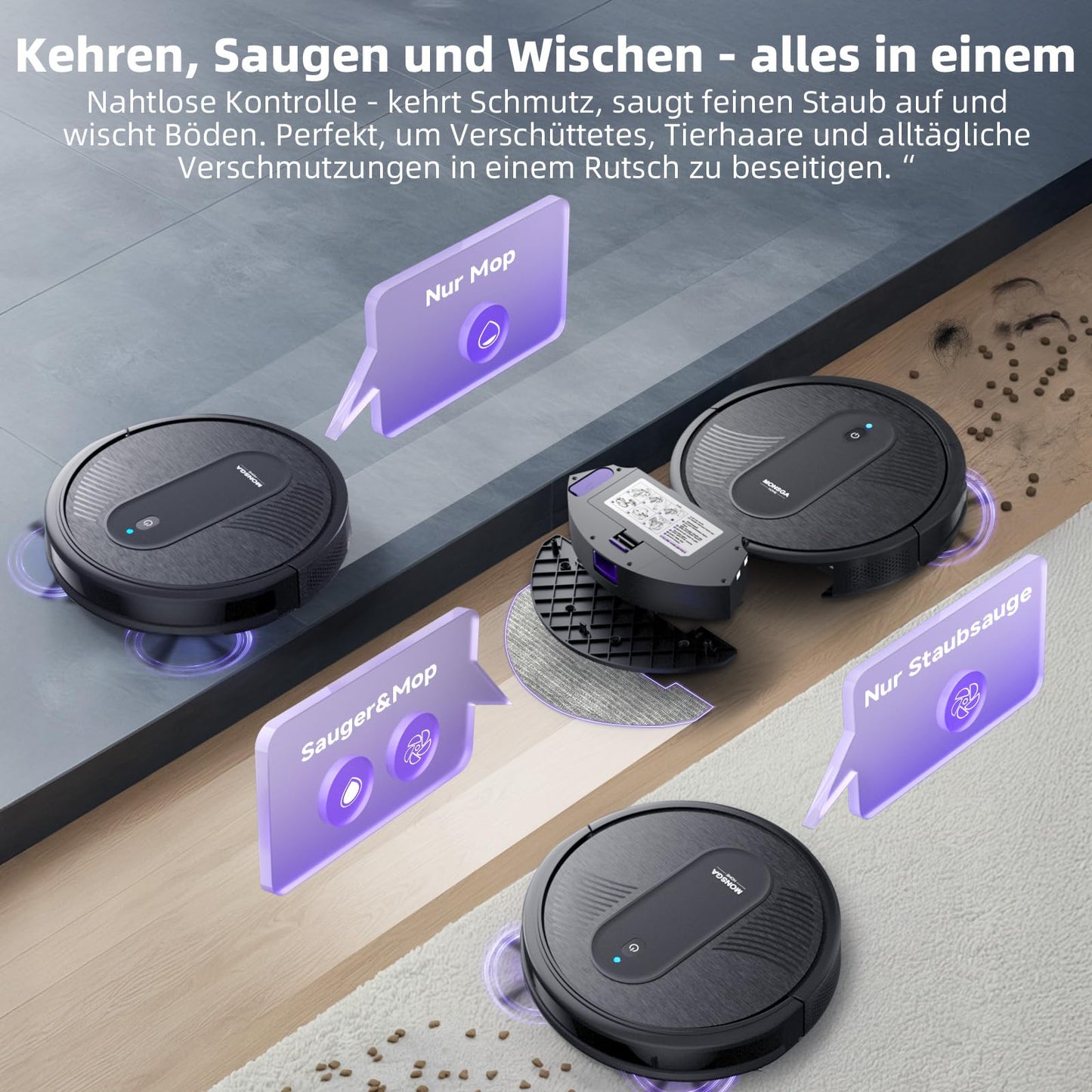 MONSGA robotic vacuum cleaner with mopping function 3 in 1, vacuum robot 3000PA, robot vacuum with 2 brushes, self-charging, WiFi, 140mins runtime, ideal for pet hair, carpet, hard floor (Black)