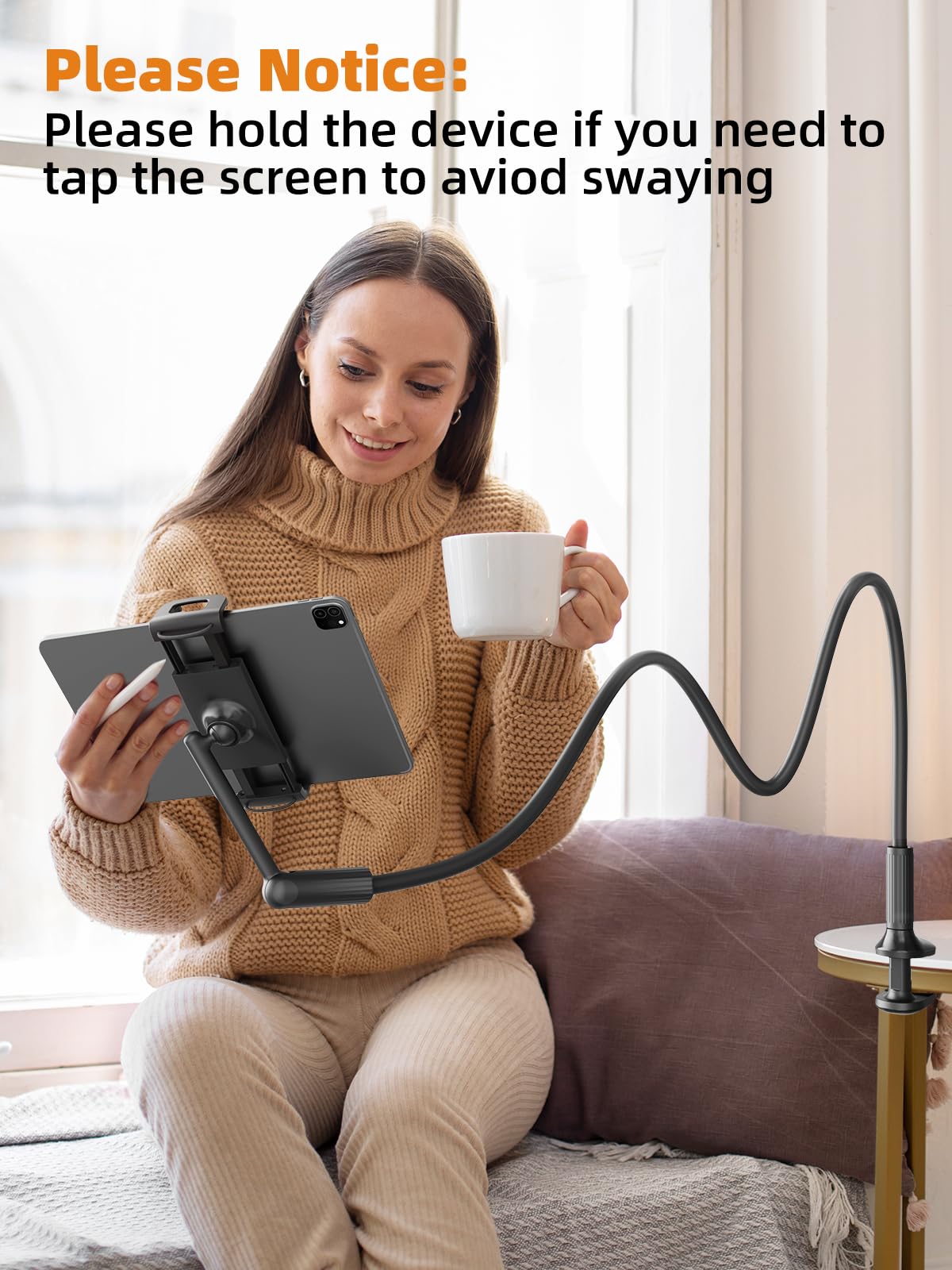 SAIJI 120CM Upgraded Gooseneck Tablet Holder, One-Hand Adjustable iPad Holder for Bed, Kindle Holder for Bedtime Reading, Compatible with iPad iPhone, Fire, All Devices from 4.7-13"