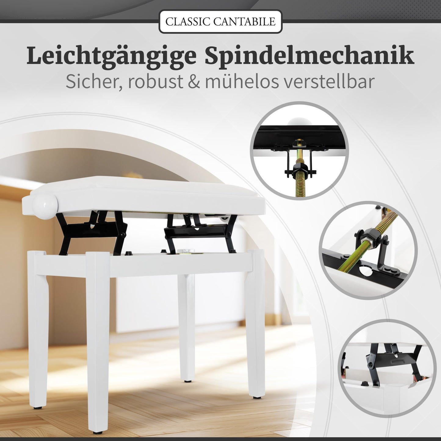 Classic Cantabile Piano Bench White High Gloss - Adjustable height from 47-56cm - Piano stool with spindle mechanism - Piano bench seat 55 x 32cm - White piano chair with velour cover, stable