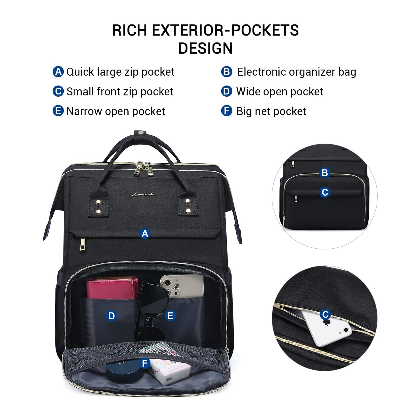 LOVEVOOK Women's Backpack, Waterproof Laptop Backpack 17 Inch with Separate Laptop Compartment, Large School Backpack School Bag, for Work University Teacher Business Office, Black