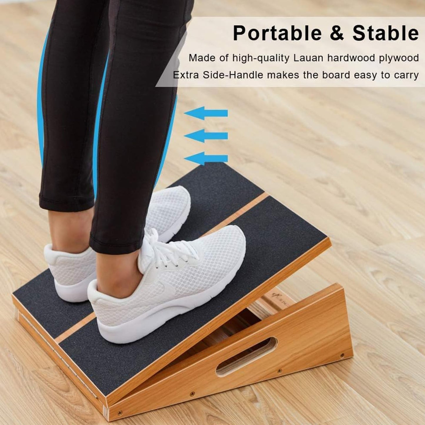 Professional wooden slant board, adjustable incline board and calf stretcher, stretch board - extra side handle design for portability - 40.6 x 31.8 cm, 5 positions (350 lb capacity)