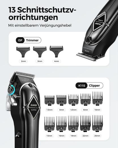 GLAKER hair clipper for men + hair clipper kit, cordless barber professional hair clipper hair cutting set beard trimmer for men women children, fading clippers with 13 guards.