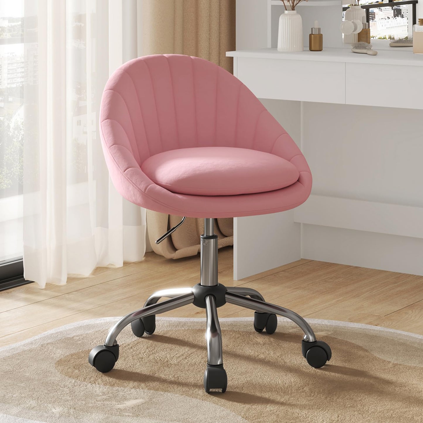 WOLTU home office chair, ergonomic office chair, swivel vanity chair, swivel chair with casters, desk chair with 150 kg weight capacity, for study bedroom, velvet, pink, BS167rs